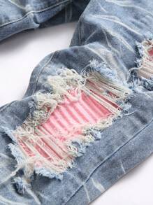 Manfinity Homme Plus Size Men Distressed Slim Fit Casual Denim Jeans With Pockets - Light Wash - View 4