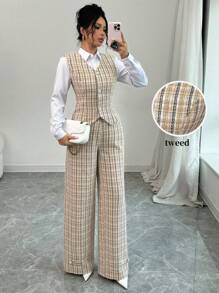 Modelyn Women Plaid Print Vest & Pants 2pcs Suit Outfit, Elegant For Commuting, Autumn 2 Pieces Set