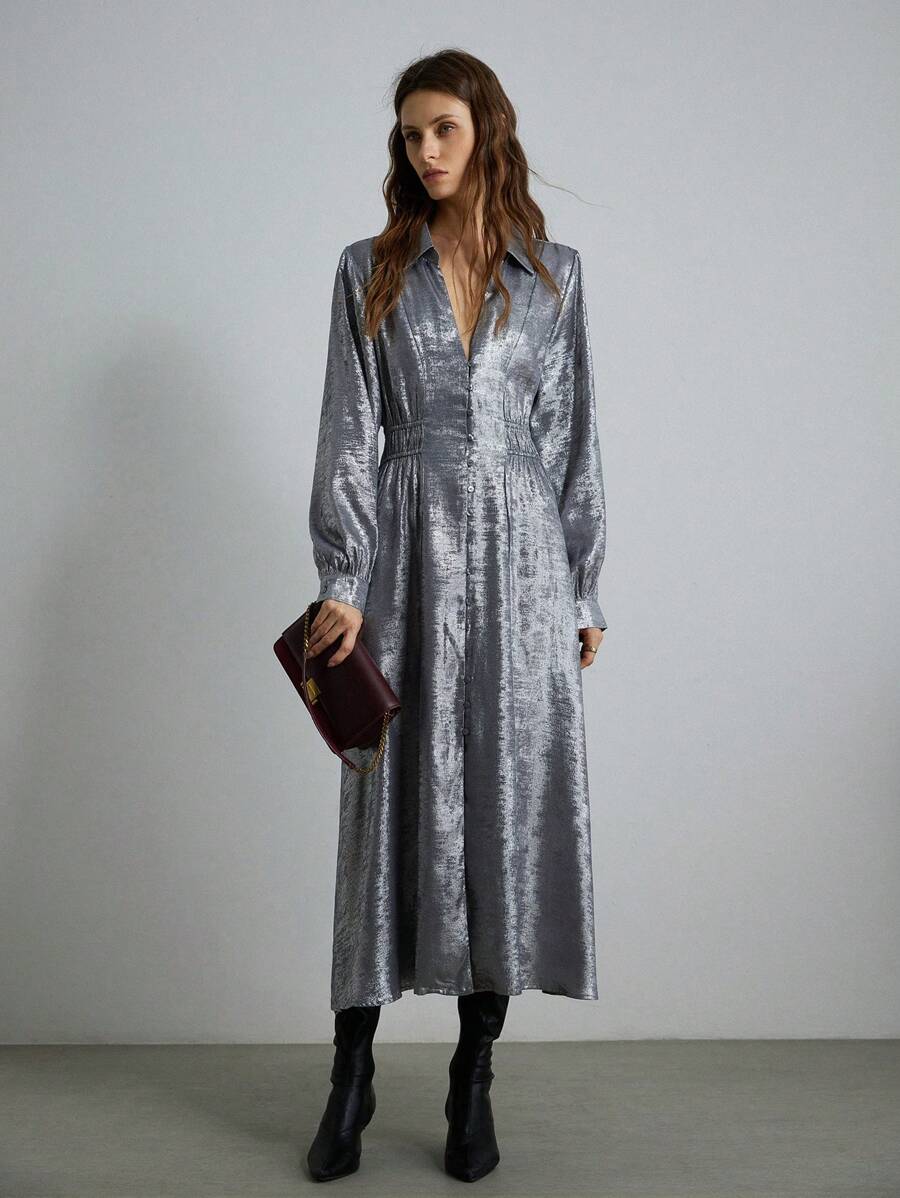 Aveloria Modichic 法式复古别致金属光泽领口纽扣腰部曲线长袖连衣裙，休闲优雅风格，秋季节日派对生日正式场合连衣裙 - 銀色 - 查看 1
