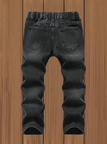 Young Boys Black High Street Straight Leg Star Embroidered Distressed Knee Ripped Jeans - Black - View 2