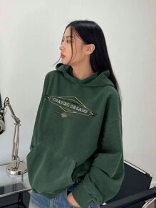 DAZY Women's Hooded Loose Pullover Sweatshirt With Printed Design, Streetwear Style, Thermal Lined,Fall Clothes