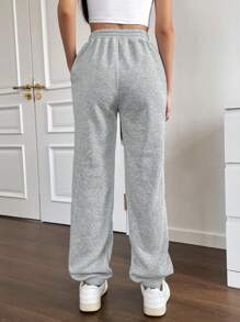 Flirla Solid Drawstring Waist Slant Pocket Sweatpants Fall Cloth For Women - Grey - View 2