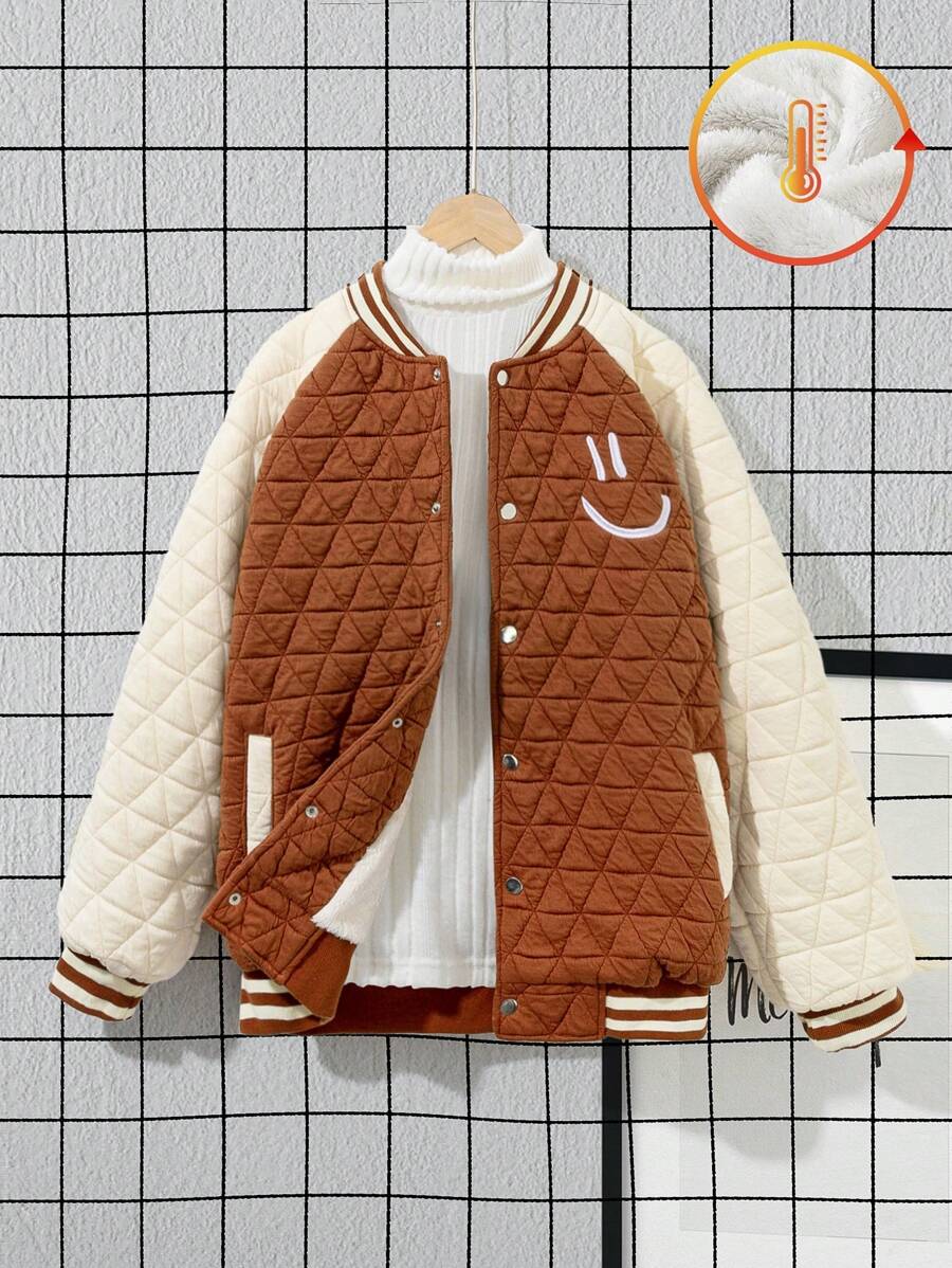 Men's Dad Jacket,Raglan Sleeve Colorblock Long Sleeve Outwear,Autumn,Casual,Graduation,Back-To-School,All Shades Of Brown Thermal Lined Smiling Face - Brown - View 1