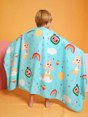 CoComelon X SHEIN Toalla de baño azul con figura de dibujos animados y diseño de arcoíris, para decoración del baño en el hogar y uso en verano