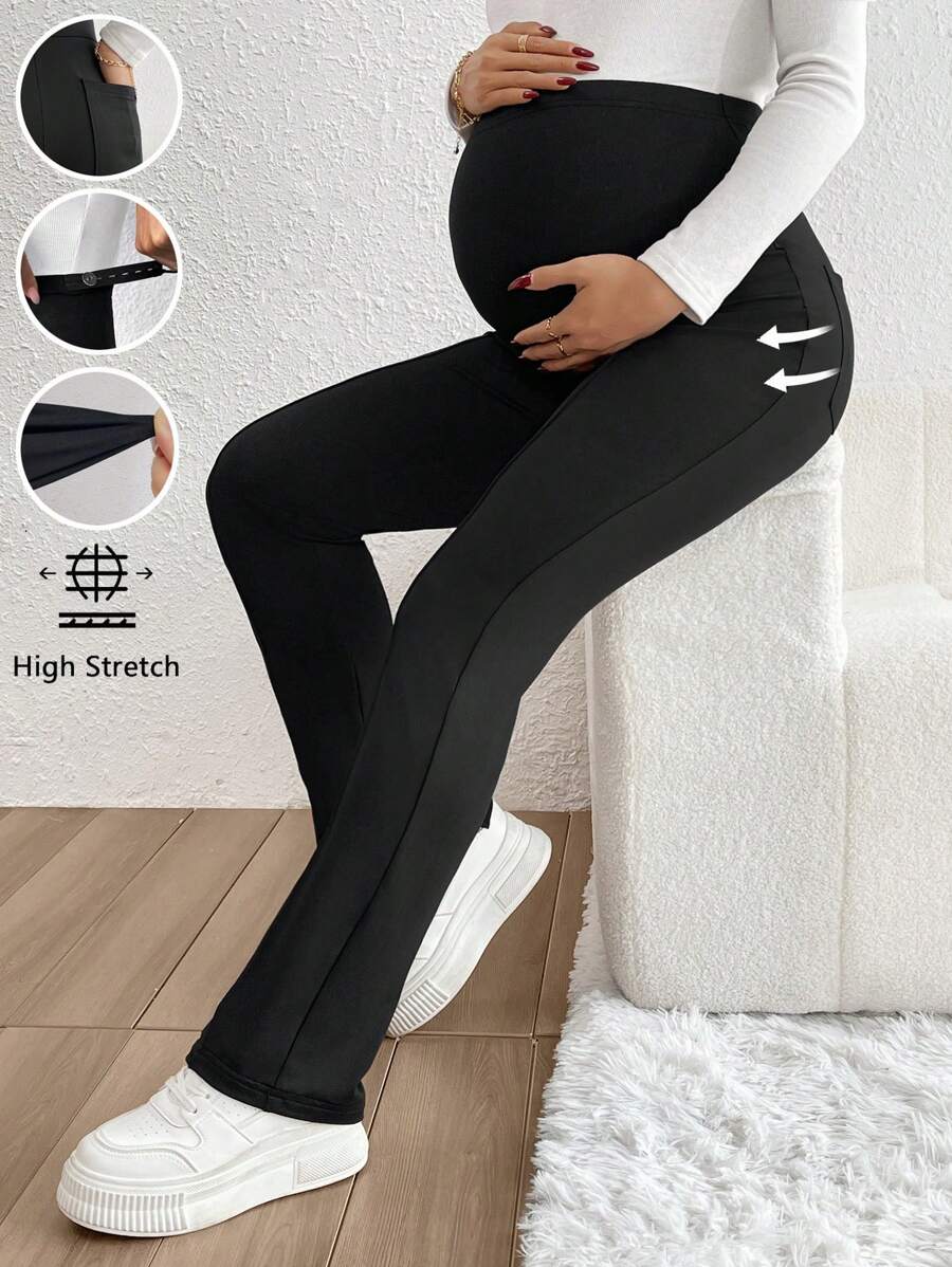 SHEIN Maternity Casual Solid Color High Waist Slim Fit Flare Leg Pants - Black - View 1