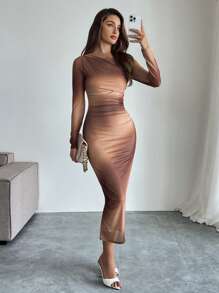 Firerie 女士圆领长袖扎染印花紧身长裙，秋冬 - 彩色 - 查看 3