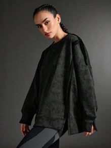 SHEIN Sports Áo nỉ nữ dáng rộng thoải mái, năng động, thích hợp mặc ngoài trời - màu đen - Xem 5