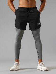 Manfinity Fitness Boyfriend Style Men's Two-Tone Drawstring Waist Sports Pants With Angled Pockets, 2 In 1