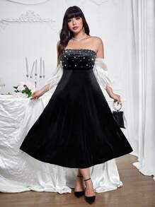 Allurite Elegantes Velvet-Kleid in color-Block-Optik mit Perlendekor in Große Größen, Vintage-Stil - Schwarz - Übersicht 1