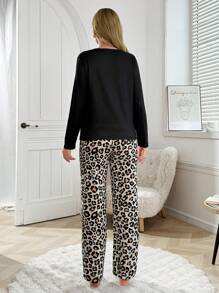 2pcs Bow Leopard Print Pullover Long Sleeve Top And Pants Pajama Set, Fall Winter Clothes - Multicolor - View 2