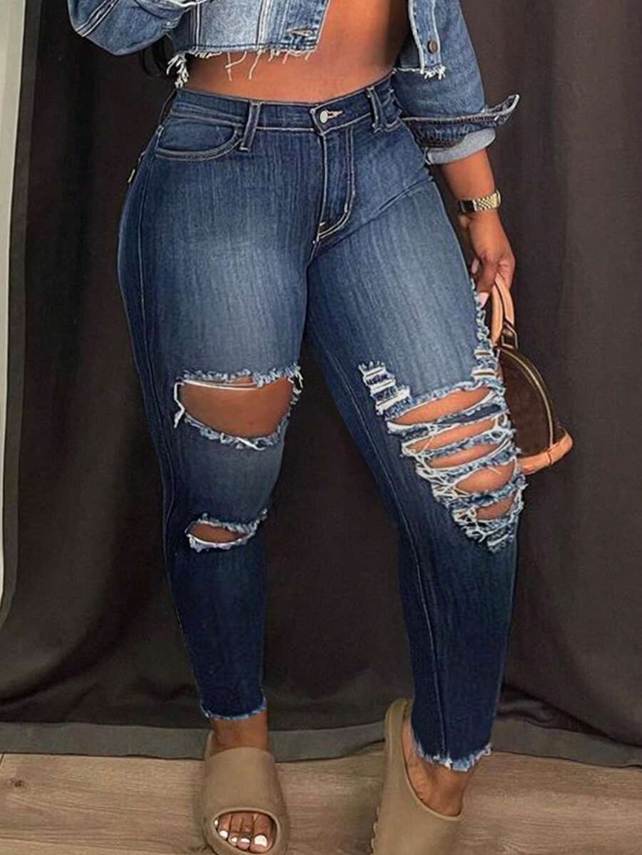 大码女式破洞休闲修身紧身牛仔裤