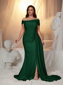 Glamrae 加大码不对称蝴蝶结露肩高开衩超长弹力面料万圣节活动优雅舞会礼服、婚礼宾客礼服、派对礼服、晚礼服、长袍