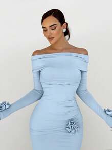 Aloruh Women 3D Floral Rose Knot Off Shoulder A-Line Mermaid Hem Bodycon Dress, Suitable For Party And Date Night, Autumn/Winter