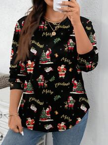 SHEIN LUNE Áo nỉ cổ tròn rộng rãi họa tiết hoạt hình ông già Noel cỡ lớn cho mùa Giáng sinh, mùa thu/đông - Nhiều màu - Xem 2