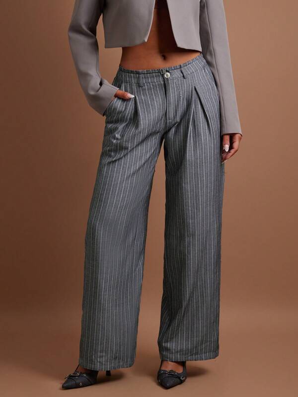 COSMINA Pantalones rectos casuales y versátiles con estampado a rayas y bolsillos para mujer