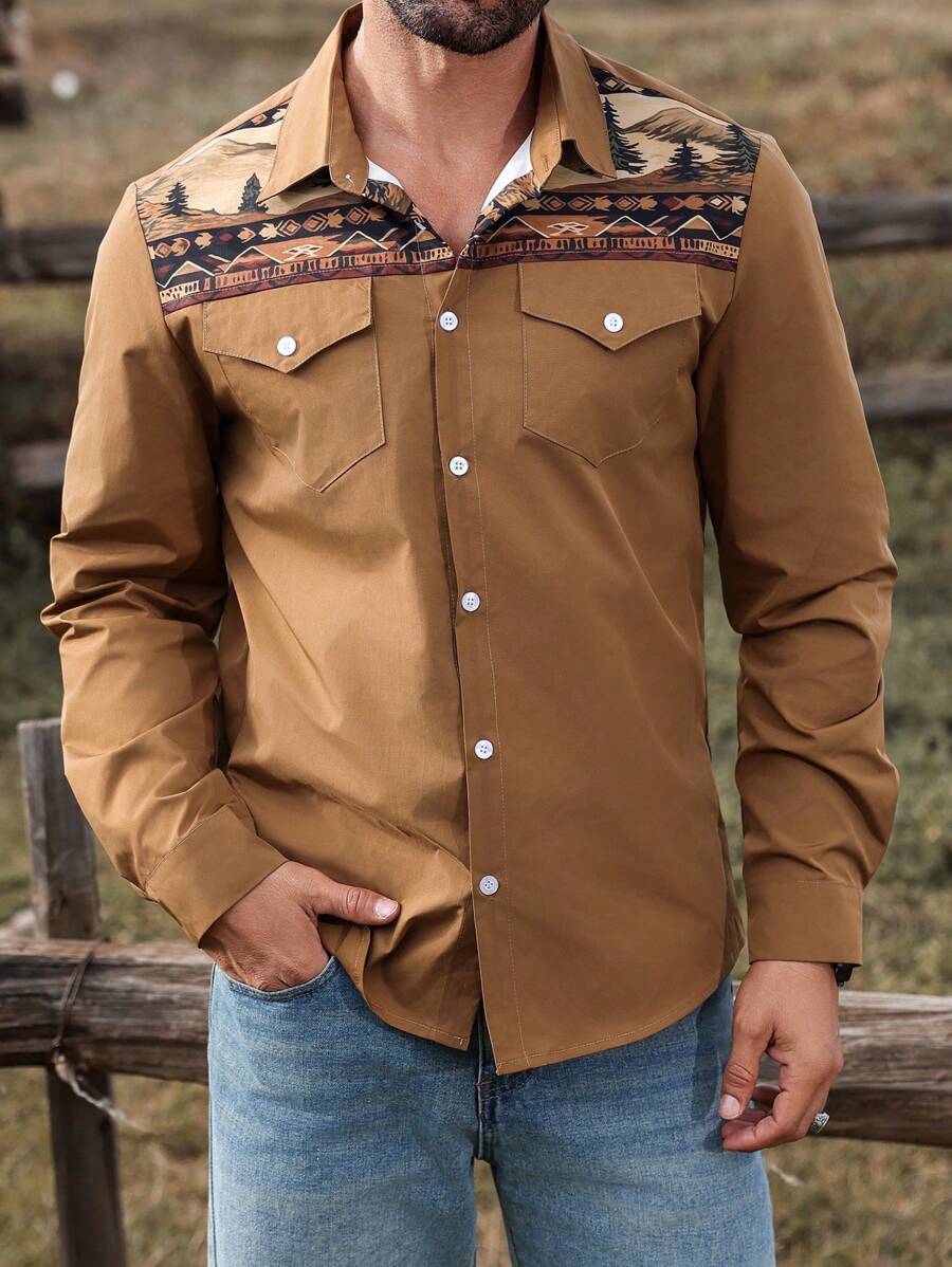 Manfinity Nomadique Chemise décontractée à manches longues, à simple boutonnage, avec imprimé géométrique et patchwork pour hommes, pour l'automne - Tabac - Voir 1