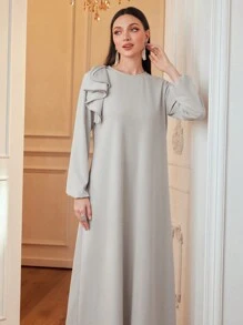 Al Najma Váy chữ A thẳng họa tiết hoa 3D rộng rãi & thon gọn thời trang thanh lịch cho quý cô, váy chữ A Ả Rập thanh lịch dài tay khiêm tốn, cho thường ngày - Xám - Xem 5