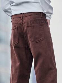 Manfinity Hypemode Plus Size Men Wide Leg Solid Color Pocket Casual Loose Denim Pants, Plain Long Straight Leg Dark Jeans Washed Cargo Jeans, For Husband, Boyfriend Gifts - Coffee Brown - View 8