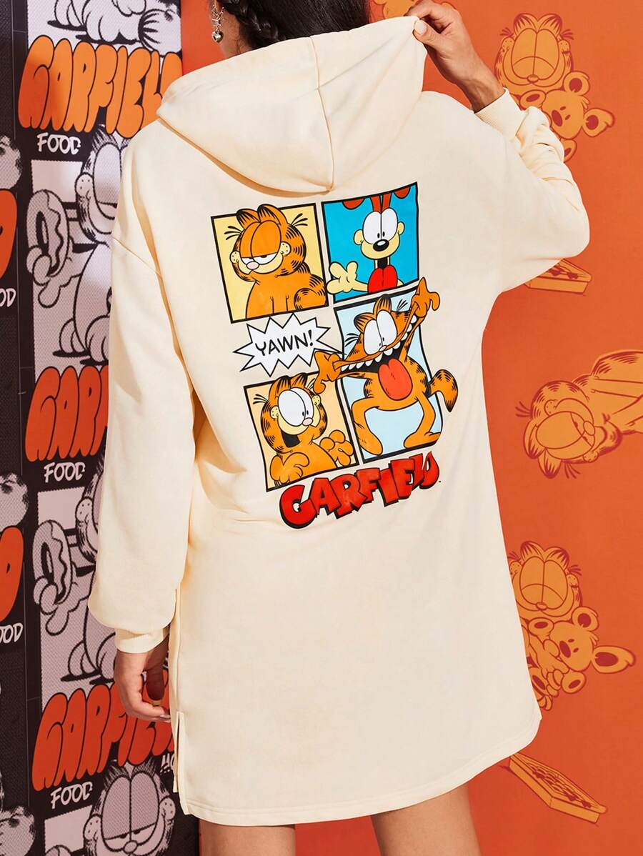 GARFIELD | SHEIN 女士休闲卡通字母印花落肩宽松抽绳连帽短款卫衣连衣裙，春秋 - 杏色 - 查看 1