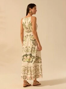 CAJUNI Váy không tay hở dây rút họa tiết cây dâm bụt nhiệt đới, cây dừa, cây rắn dành cho nữ, váy đi biển thường ngày - Nhiều màu - Xem 3