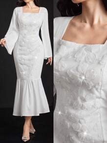 Modelyn Women's Solid Color Square Neck Floral Applique Elegant Long Sleeve Dress