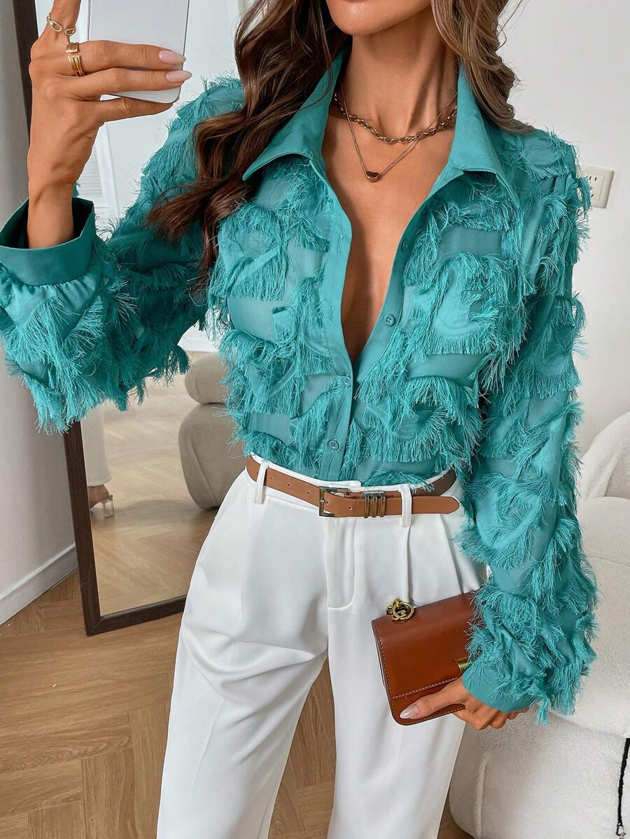 SHEIN Clasi Camisa de manga larga con vivos de peluche de unicolor, estilo vacaciones para mujer - Azul Cadete - Ver 1