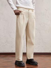 AKNOTIC Business Casual Men Loose Casual Khaki Cropped Tapered Pants, Suitable For Daily Wear With Metallic Split Decor Accessories - Khaki - View 1