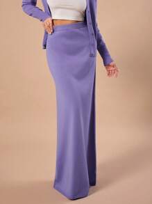 Forever 21 New Elastic Waist Knitted Ankle-Length Plain Skirt With INS Style, Autumn/Winter - Purple - View 3