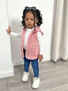 SHEIN 3 件装女婴可爱粉色毛绒背心连帽衫和松紧腰裤套装，秋冬 - 粉色 - 查看 6