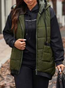 SHEIN LUNE Plus Size Army Green Patchwork Pocket Zipper Drawstring Hooded Padded Vest, Winter