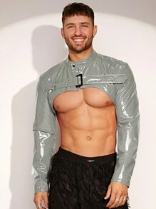 FeverCity Áo khoác ngoài tay dài có khóa kéo viền bất đối xứng trơn gợi cảm dành cho nam, dành cho mùa thu đông - Bạc - Xem 3