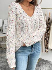 SHEIN LUNE 女士 V 领彩色绒球纹理针织套头衫，优雅休闲、通勤和街头穿着，秋冬季保暖 - 彩色 - 查看 4