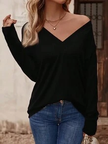 V-Ausschnitt Einfarbiges Langarm Passform T-Shirt, vielseitig einsetzbar für den Herbst