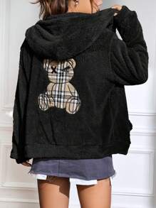 SHEIN EZwear Của phụ nữ Phim hoạt hình thêu Sang trọng áo có mũ Áo khoác - màu đen - Xem 3
