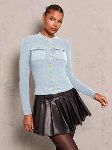 Glamine 女士纯色前扣口袋修身开衫，长袖 - 淺藍色 - 查看 4