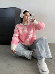 Flirla 大码休闲蝴蝶结图案落肩毛衣，适合秋冬季针织套头衫 - 彩色 - 查看 6