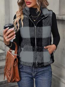 SHEIN LUNE Chaleco/chaqueta casual de color block a cuadros y esponjoso, para otoño/invierno