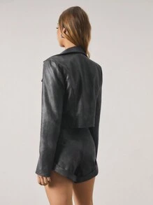 SHEIN Unity Women's Autumn Fashion Acid Washed Floral Pattern Cropped PU Jacket - Dark Grey - View 2