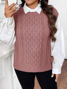 Calvaya 大码女式休闲纯色粗针织宽松毛衣背心，不含衬衫 - 粉色 - 查看 6