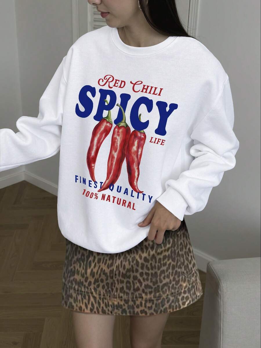 SHEIN EZwear Áo nỉ nữ tay dài cổ tròn in họa tiết ớt Y2K màu hồng cỡ lớn - trắng - Xem 1