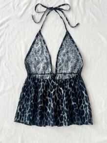 Soleia Casual Halter Leopard Print Backless Tank Top - Light Grey - View 2