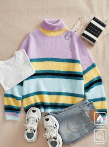 Manfinity Hypemode Men's Casual Contrast Color Stripe High Neck Drop Shoulder Sweater, For Autumn/Winter - Multicolor - View 1