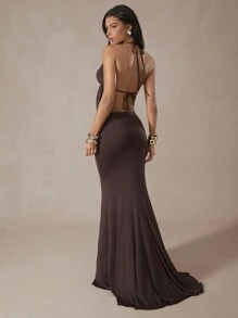 Hauture Draped Halter Neck Backless Top & Maxi Skirt Set - Brown - View 4