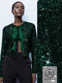 Maija Women's Elegant Long Sleeve Jacket With Glitter And Bow Decoration, Suitable For Early Spring Business Casual Women's Wear, Office Wear, Low-Key Old Money Style, Effortless Temperament, High-End Urban Commuting, The Same Style As The Editor-In-Chief Of The Magazine, Urban Social Vacation Party Wear, Charming, Low-Key And Durable Basic Style, Versatile And Not Picky Clothing, Street Fashion Wear, Clothing, Coffee Shop, Relaxed Wear
