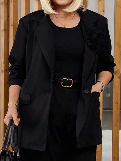 EMERY ROSE 大码女式西装外套黑色优雅缺口领中长袖口袋妈妈休闲西装外套，冬季女式外套