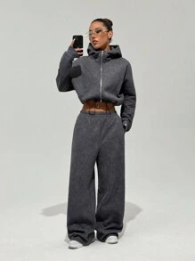 StreetHx 2 pièces/Set Style de rue pour femmes Sweat-shirt à capuche en molleton court + Pantalon de survêtement taille haute jambe large