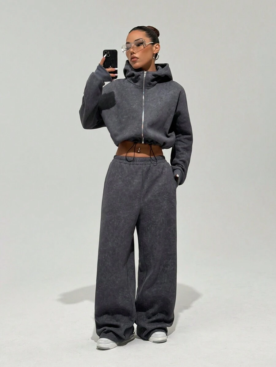 StreetHx 2 pièces/Set Style de rue pour femmes Sweat-shirt à capuche en molleton court + Pantalon de survêtement taille haute jambe large