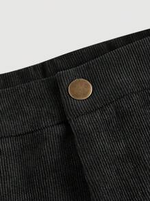 SHEIN MOD 纯色灯芯绒直腿黑色中腰裤 - 黑色 - 查看 4