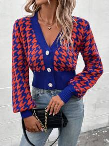 SHEIN LUNE Cardigan Wanita Kasual Sehari-hari Motif Houndstooth Warna Kontras dengan Kancing Depan, Musim Gugur/Dingin - Jeruk - View 4