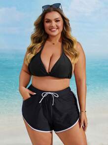 Bas de bikini minimaliste décontracté avec poche et liens contrastés en tailles plus, pour l'été